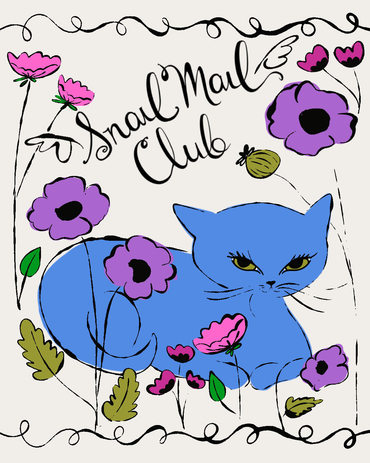 The Royal Moggy Snail Mail Club Blue cat in flowers with handwritten script reading "Snail Mail Club." Illustration by artist Desi Lucia.
