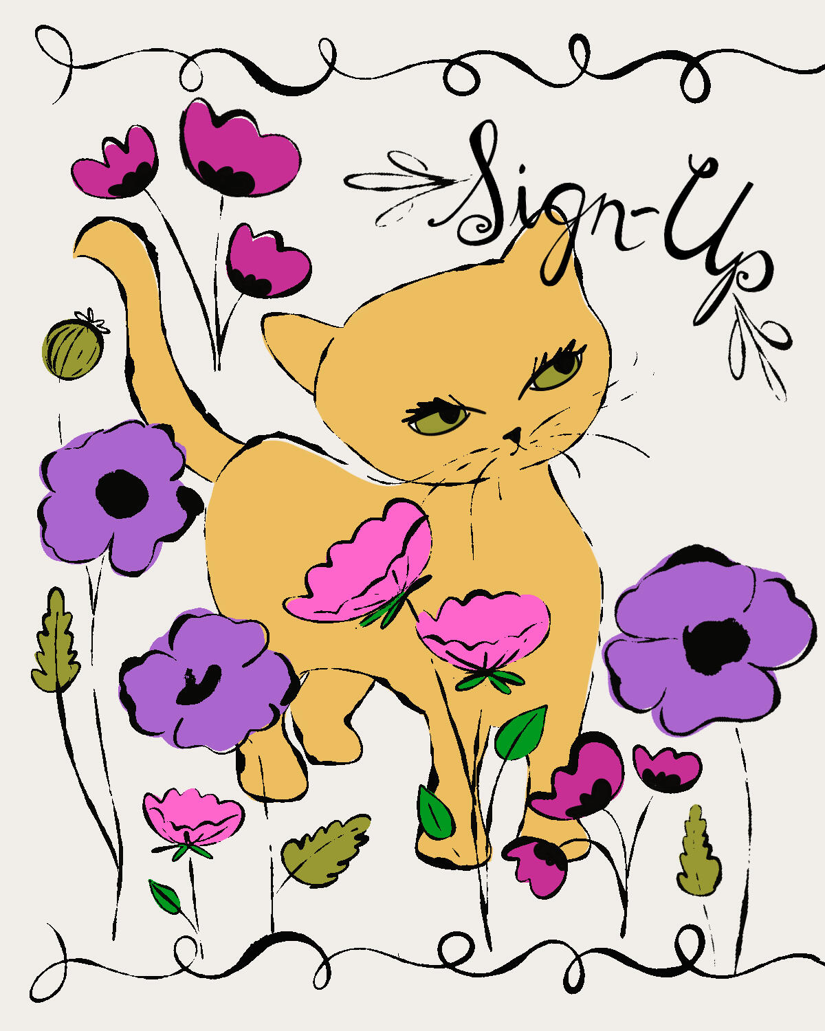 Sign up for The Royal Moggy newsletter. Yellow cat in flowers with handwritten script reading "Sign Up." Illustration by artist Desi Lucia.
